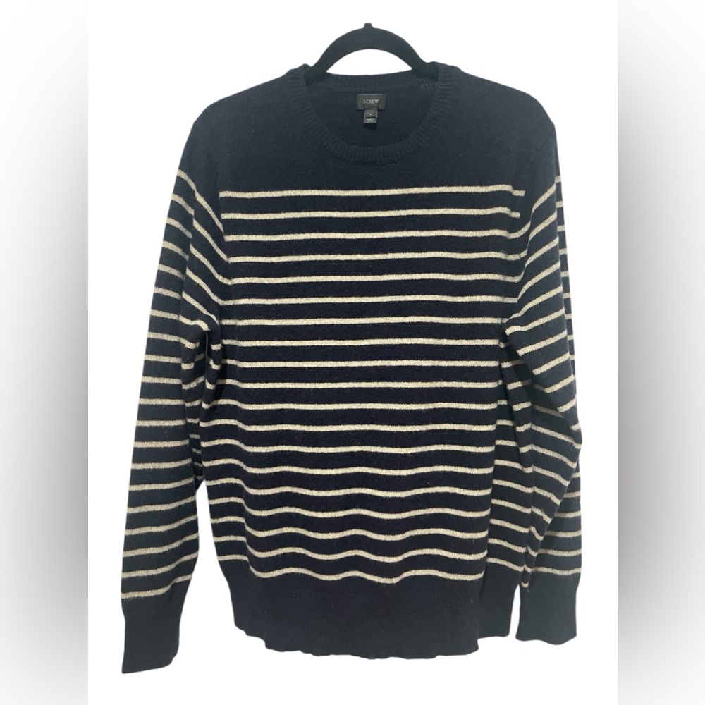 Mens J. Crew Black With White Stripe Pullover Sweater Size Large.